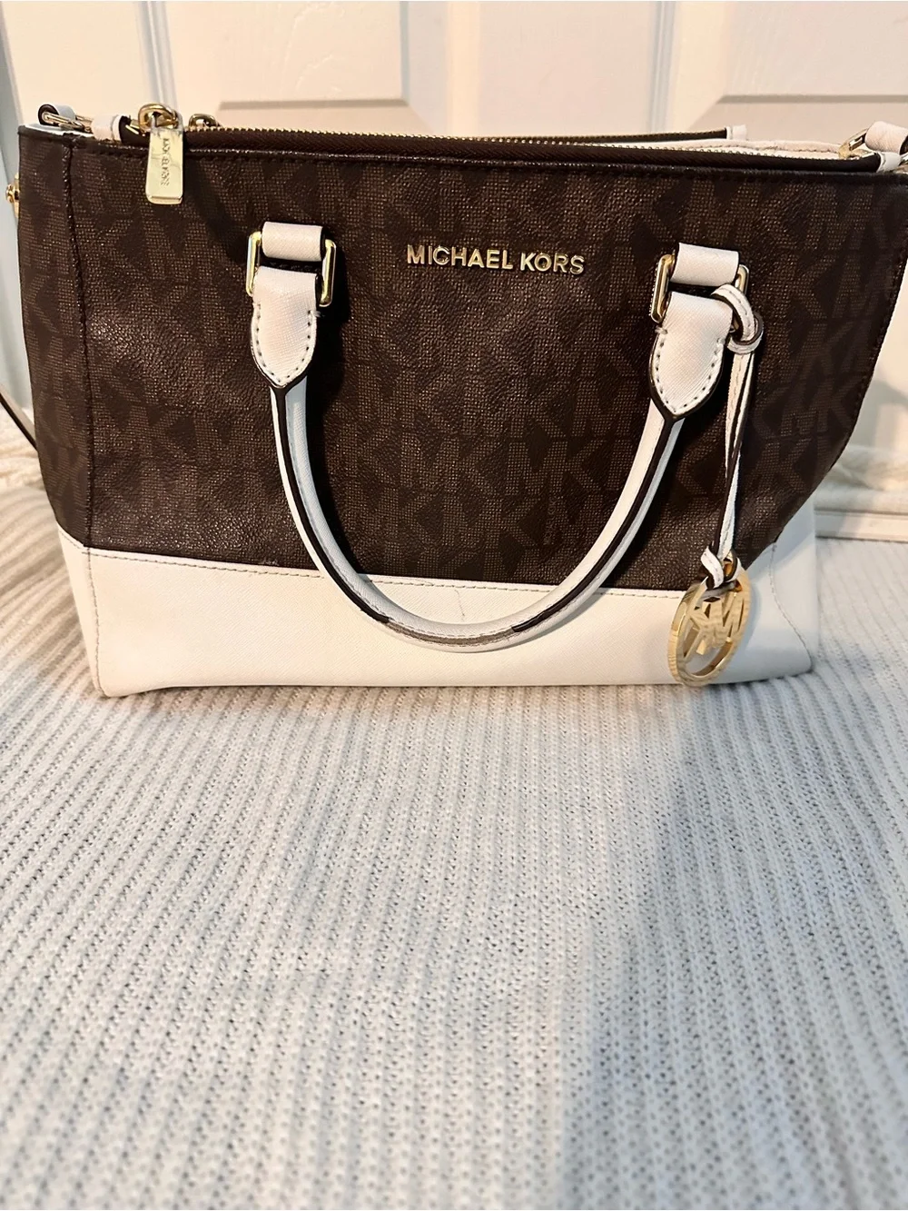 Michael Kors Brown and White MK Logo Satchel with Gold Hardware